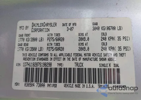 2007 Dodge Ram 1500 Slt/Trx4 Off Road/Sport z USA, uszkodzony, nr VIN 1D7HU18287S198298